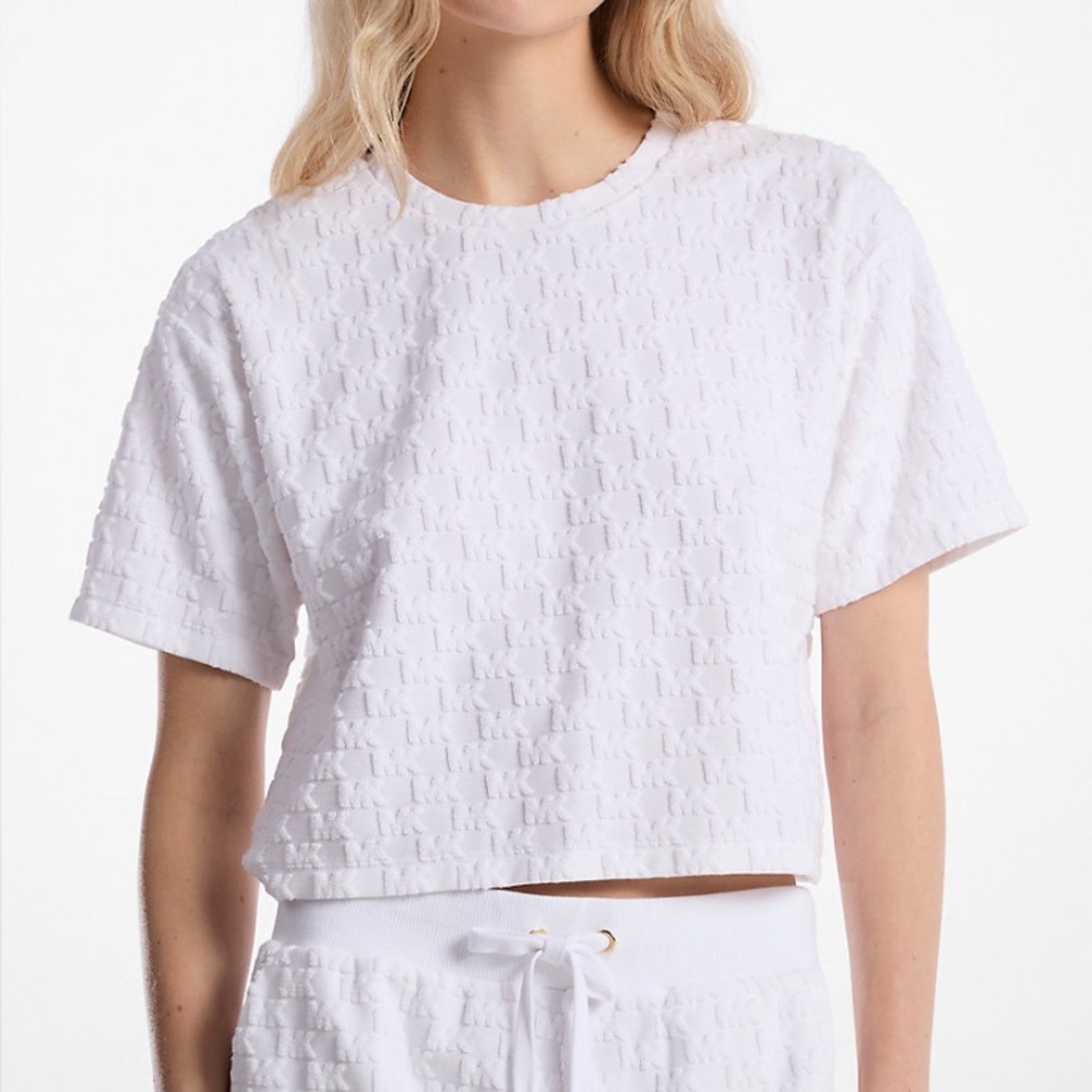 NWT Michael Kors Logo Jacquard Terry Shirt SMALL White Textured Short Sleeve Tee